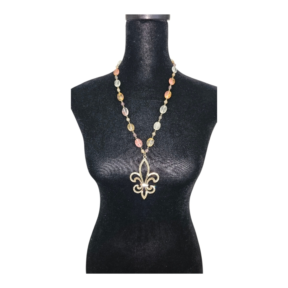 SWEET ROMANCE Multicolor Beaded Necklace with Bronze Color Fleur-de-Lis Pendant
